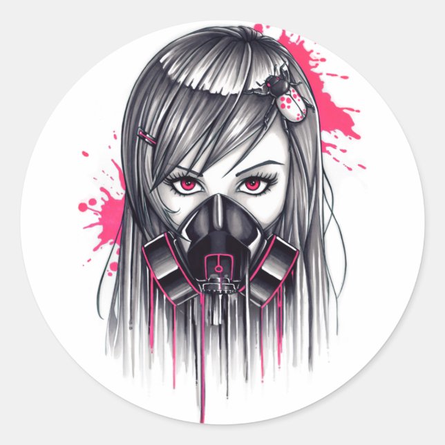 Adesivo Redondo Neon Gas Mask Girl (Frente)