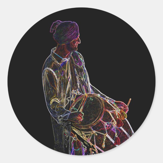 Adesivo Redondo Neon Glow Dhol Drummer (Frente)
