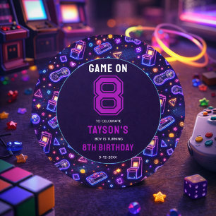 Adesivo Redondo Neon Glow Jogos de Arcade Retrô Aniversário de 8 a