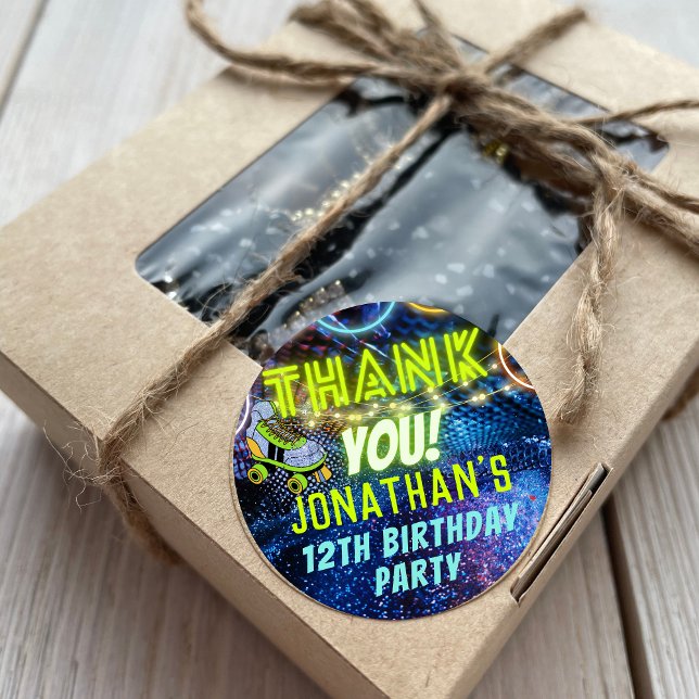 Adesivo Redondo Neon Glow Roller Skating Party Obrigado (Criador carregado)