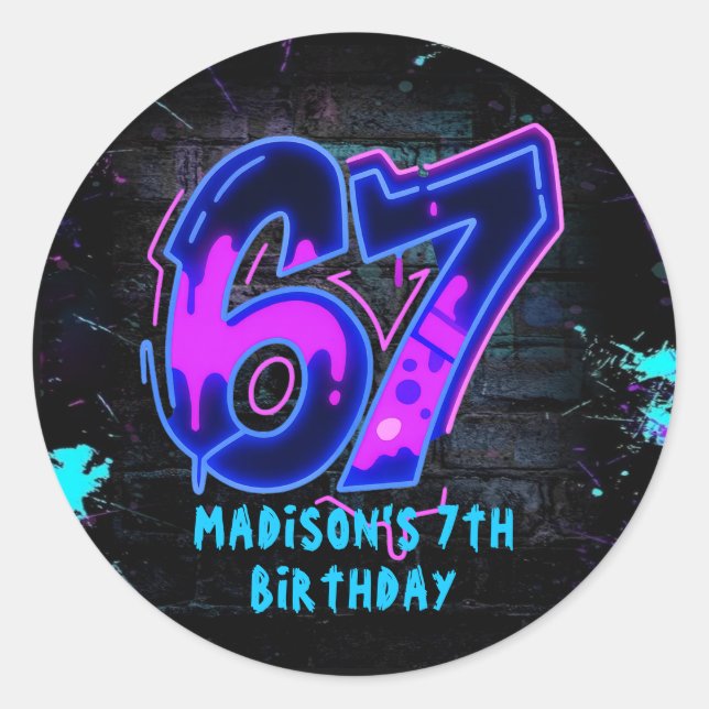 Adesivo Redondo Neon Graffiti Six Seven 7th Birthday Sticker (Frente)