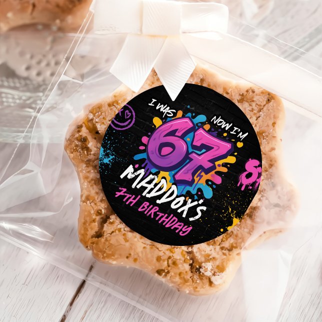 Adesivo Redondo Neon Graffiti Six Seven Kids 7th Birthday Party (Criador carregado)