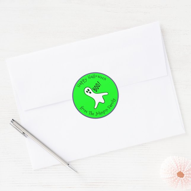 Adesivo Redondo Neon Green Happy Halloween Cute Scary Ghost (Envelope)