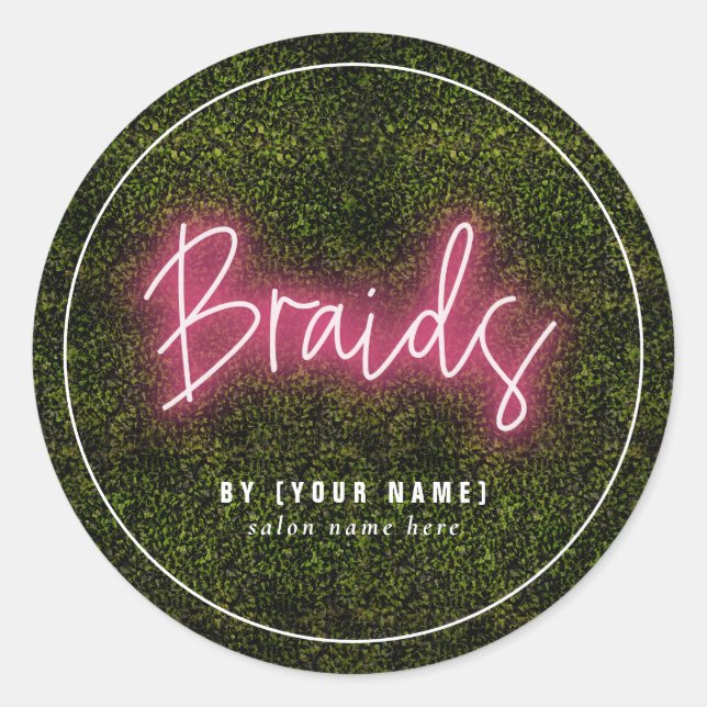 Adesivo Redondo Neon Greenery Salon Business Braids (Frente)