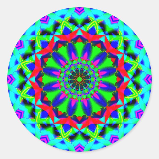 Adesivo Redondo Neon Kaleidoscope Brilhante | Abstrato Mandala (Frente)