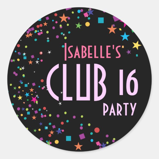 Adesivo Redondo Neon Lights Sweet 16 Party Favor Sticker (Frente)