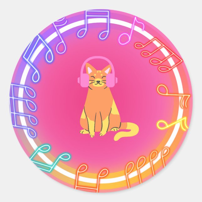 Adesivo Redondo Neon Music Cat Sticker (Frente)