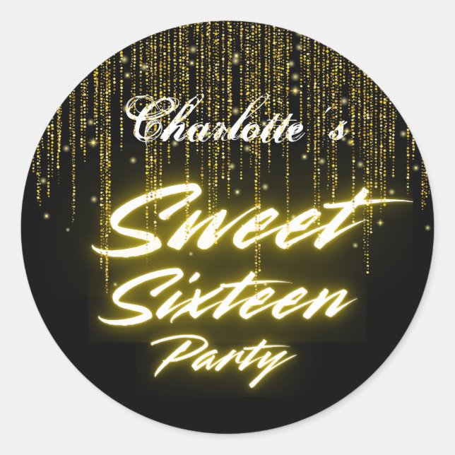 Adesivo Redondo Néon-ouro Elegante Retro Negro Doce 16.º Aniversár (Frente)