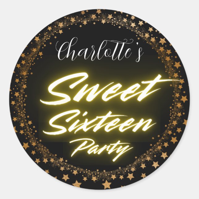 Adesivo Redondo Néon-ouro Elegante Retro Negro Doce 16.º Aniversár (Frente)