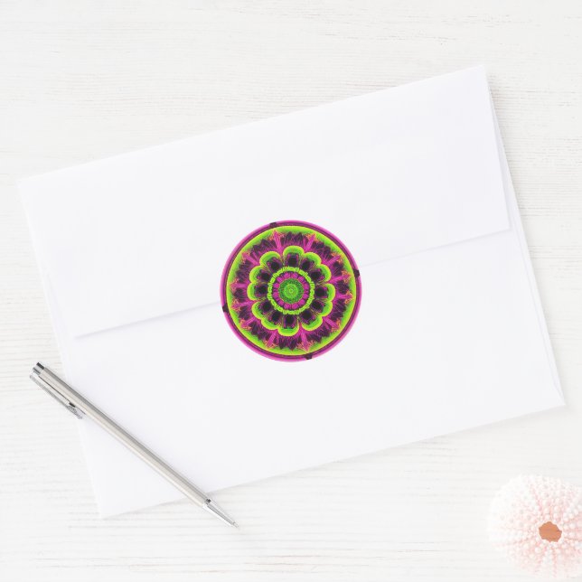 Adesivo Redondo Neon Pink E Green Kaleidoscope Design (Envelope)