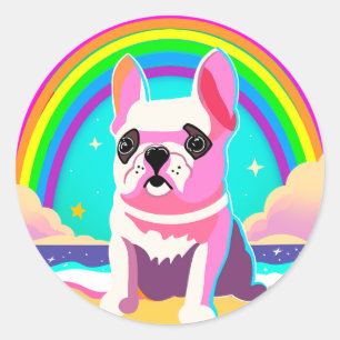 Adesivo Redondo Neon Rainbow Frenchie Retro Birthday