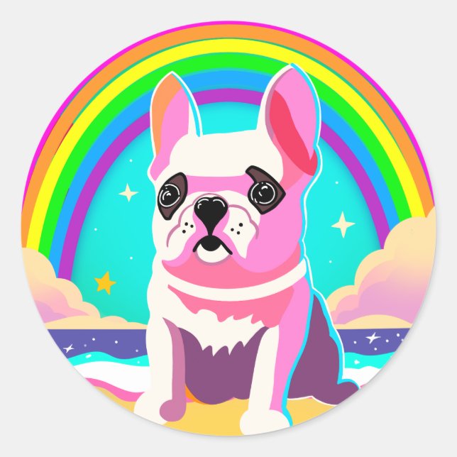 Adesivo Redondo Neon Rainbow Frenchie Retro Birthday (Frente)