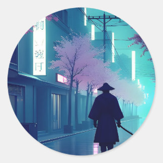 Adesivo Redondo Neon Samurai Sticker – Retro Anime Cyberpunk Tokyo