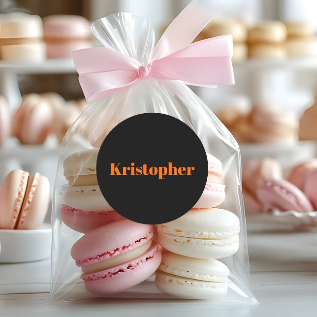 Adesivo Redondo Neon Sunset Orange Classic Name | Na moda preto (Criador carregado)