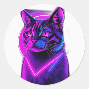 Adesivo Redondo Neon Synthwave Cat Art