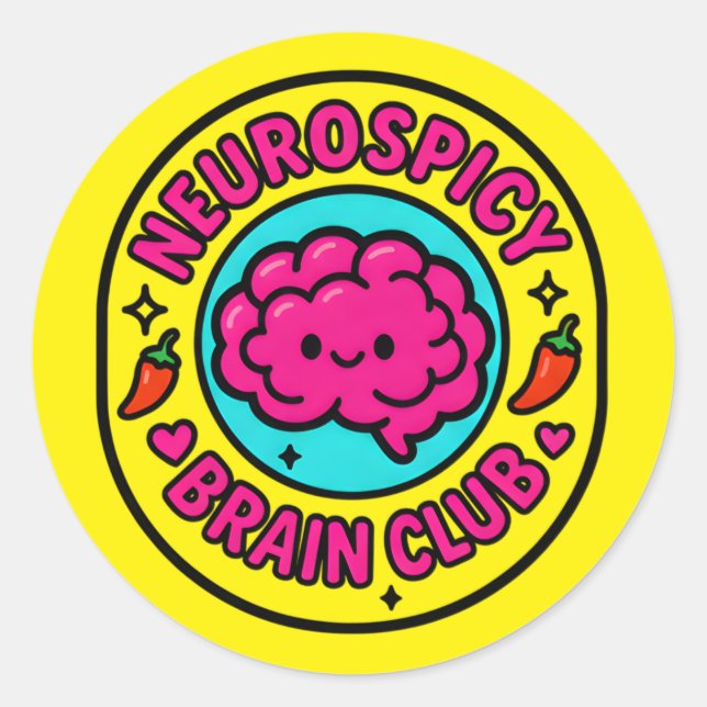 Adesivo Redondo Neurospicy Brain Club Inclusive Neurodivergent (Frente)