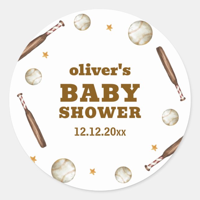 Adesivo Redondo Neutral Batter Up Baseball Sport Boy Baby Shower  (Frente)