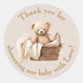 Adesivo Redondo Neutral Brown Teddy Bear Baby Shower Thank You