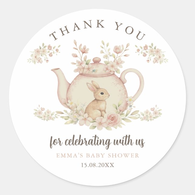 Adesivo Redondo Neutral Bunny Tea Party Baby Shower Thank You  (Frente)
