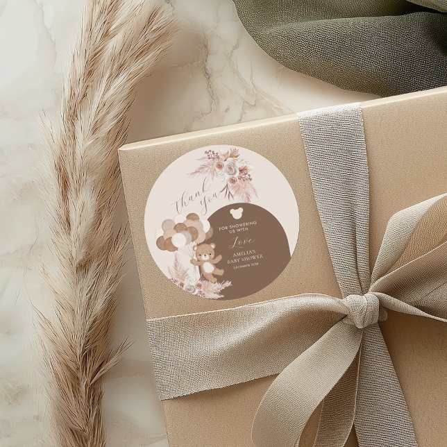 Adesivo Redondo Neutral Teddy Balloon Floral Baby Shower Thank You (Criador carregado)