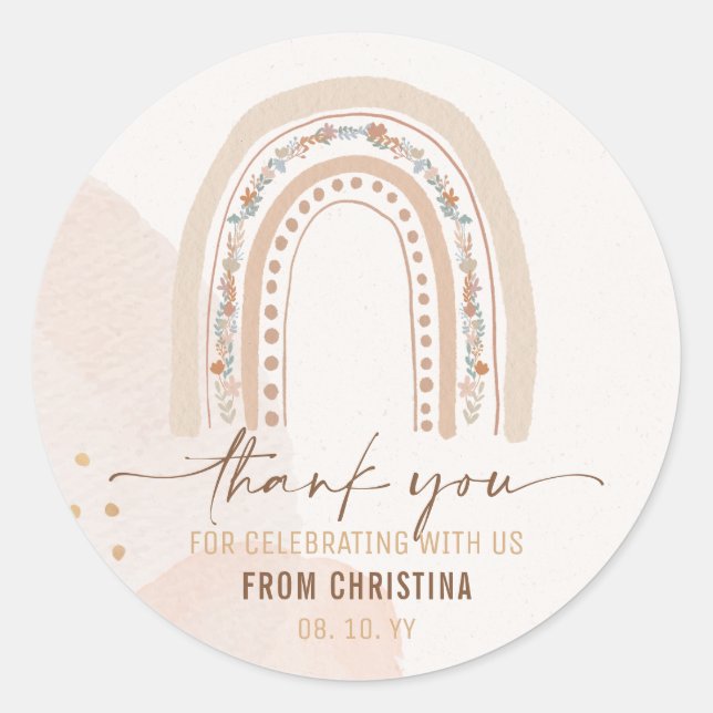 Adesivo Redondo Neutro em Gênero Boho Arco-íris Aquarela Caprichos (Frente)