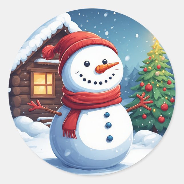 Adesivo Redondo Neve alegre com árvore de Natal (Frente)