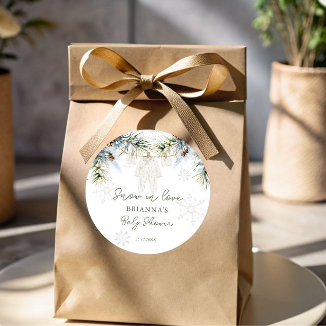 Adesivo Redondo Neve apaixonada flocos de neve chá de fraldas de i (Snow in love snowflakes winter baby shower favor stickers)