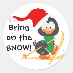 Adesivo Redondo Neve do esqui do pinguim do Natal