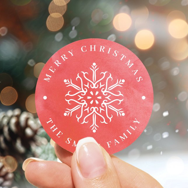 Adesivo Redondo Neve Floco de Neve Vermelho Natal (Artistic Watercolor Snowflake Red Christmas Classic Round Sticker)