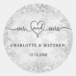 Adesivo Redondo Neve prateada nome sr. casamento no inverno elegan