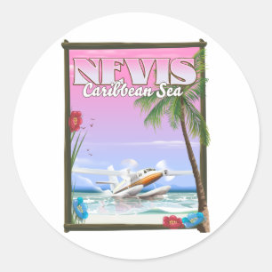 Adesivo Redondo Nevis Holiday poster. Cartão