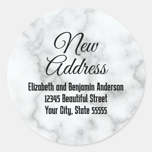 Adesivo Redondo New Address Faux White Marble Moving Announcement (Frente)