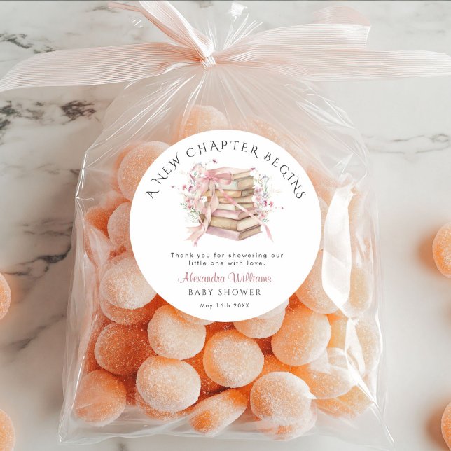 Adesivo Redondo New Chapter Begins Pink Baby Shower Shower Sticker (A new chapter begins Pink coquette Bow Baby Shower Thank you stickers)