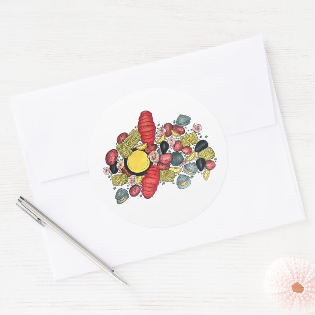 Adesivo Redondo New England Clams Lobster Clambake Seafood Janto (Envelope)