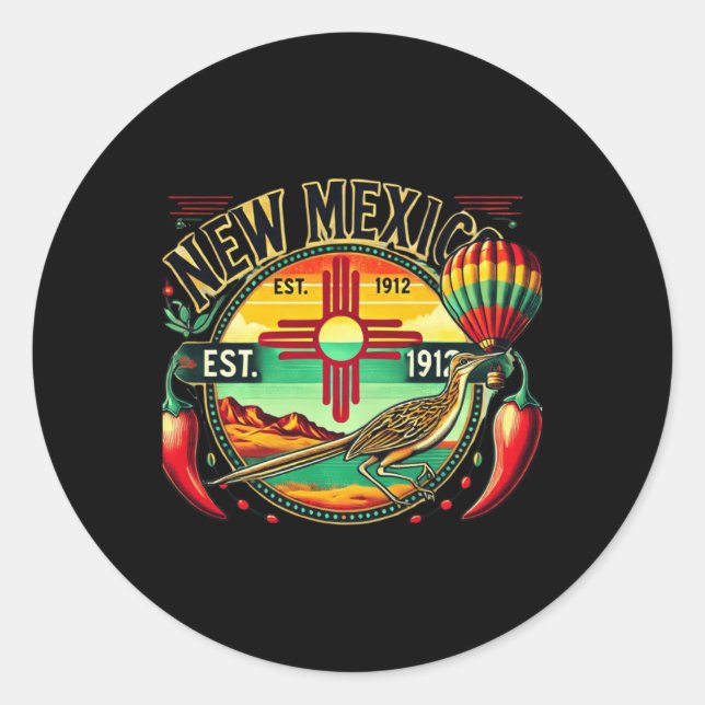 Adesivo Redondo New Mexico Zia Symbol, Roadrunner &amp; Chile Pepp (Frente)