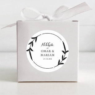 Adesivo Redondo Nikkah Elegante Preto e Branco Folha Coroa Borda
