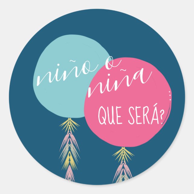 Adesivo Redondo Nina o Nino Gender Reveal Tassel Balloon Marinho (Frente)