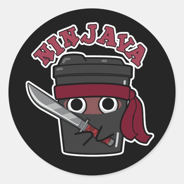 Adesivo Redondo Ninjava Funny Ninja Java Café Pun Dark BG (Frente)