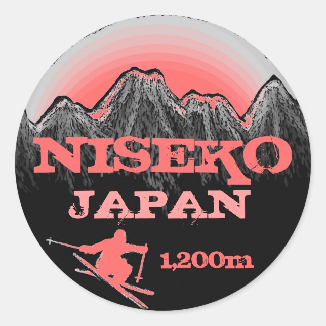 Adesivo Redondo Niseko Japão — vinhetas rosa de esqui (Frente)