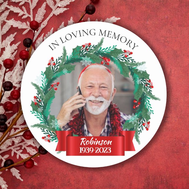Adesivo Redondo No Loving Memory Christmas Wreath Grandpa Photo (Criador carregado)