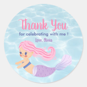 Adesivo Redondo No Mar, Meninas Sereias Aniversário Obrigado