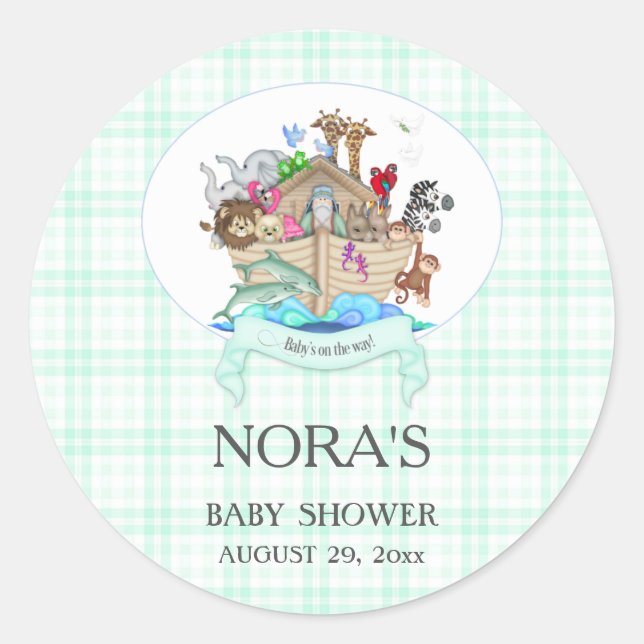 Adesivo Redondo Noah's Ark Animal Mint Gingham (Frente)