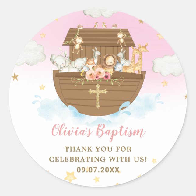 Adesivo Redondo Noah's Ark Cute Animal Girl Baptism Christening (Frente)