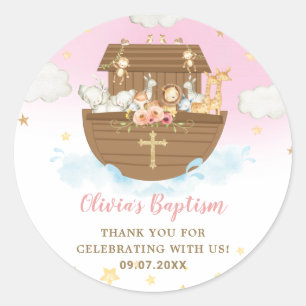 Adesivo Redondo Noah's Ark Cute Animal Girl Baptism Christening