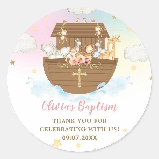 Adesivo Redondo Noah's Ark Cute Animal Girl Baptism Christening (Frente)