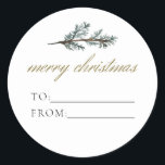 Adesivo Redondo NOEL Rustic Winter Pine To From Christmas Gift<br><div class="desc">Este adesivo de e para presentes apresenta ramificações de pínus de aquarela rustica e uma fonte elegante de script de ouro. Este adesivo de presentes de férias é perfeito para o presente de férias! Adicione seus pacotes favoritos a amigos,  vizinhos e entes queridos.</div>