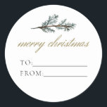 Adesivo Redondo NOEL Rustic Winter Pine To From Christmas Gift<br><div class="desc">Este adesivo de e para presentes apresenta ramificações de pínus de aquarela rustica e uma fonte elegante de script de ouro. Este adesivo de presentes de férias é perfeito para o presente de férias! Adicione seus pacotes favoritos a amigos,  vizinhos e entes queridos.</div>