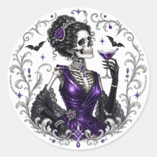 Adesivo Redondo Noite das Meninas de Halloween   Esqueleto Elegant