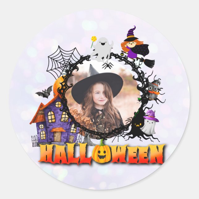 Adesivo Redondo Noite de Halloween de Foto Preta Personalizada (Frente)