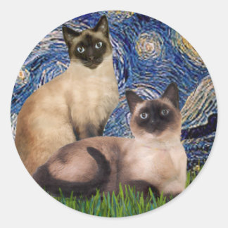 Adesivo Redondo Noite Estrelada - Dois gatos siameses (Choc Pt)